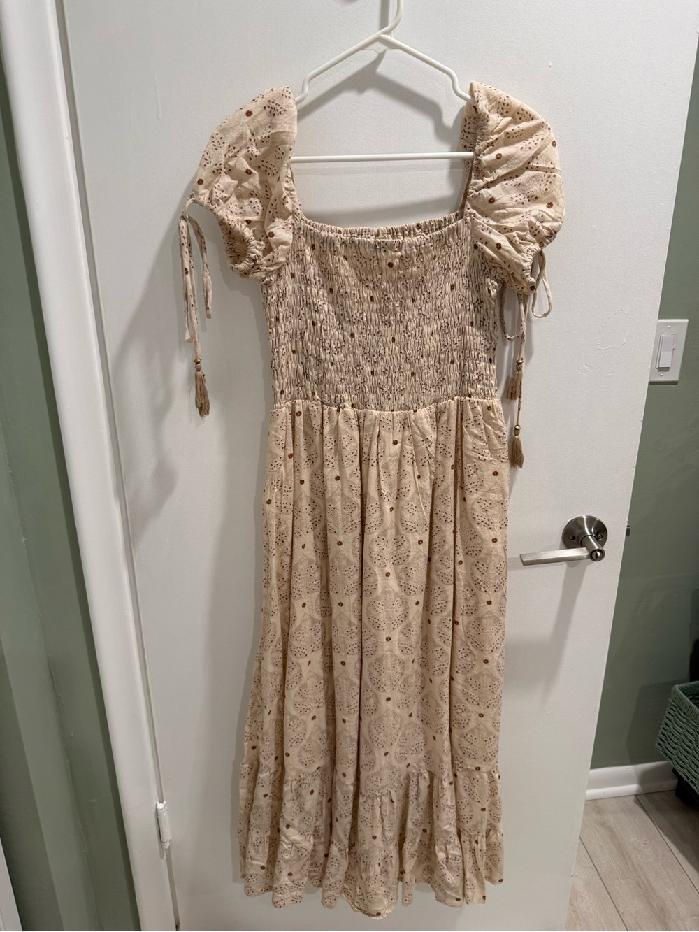 Beige Eyelet Midi Dress with Puff Sleeves
